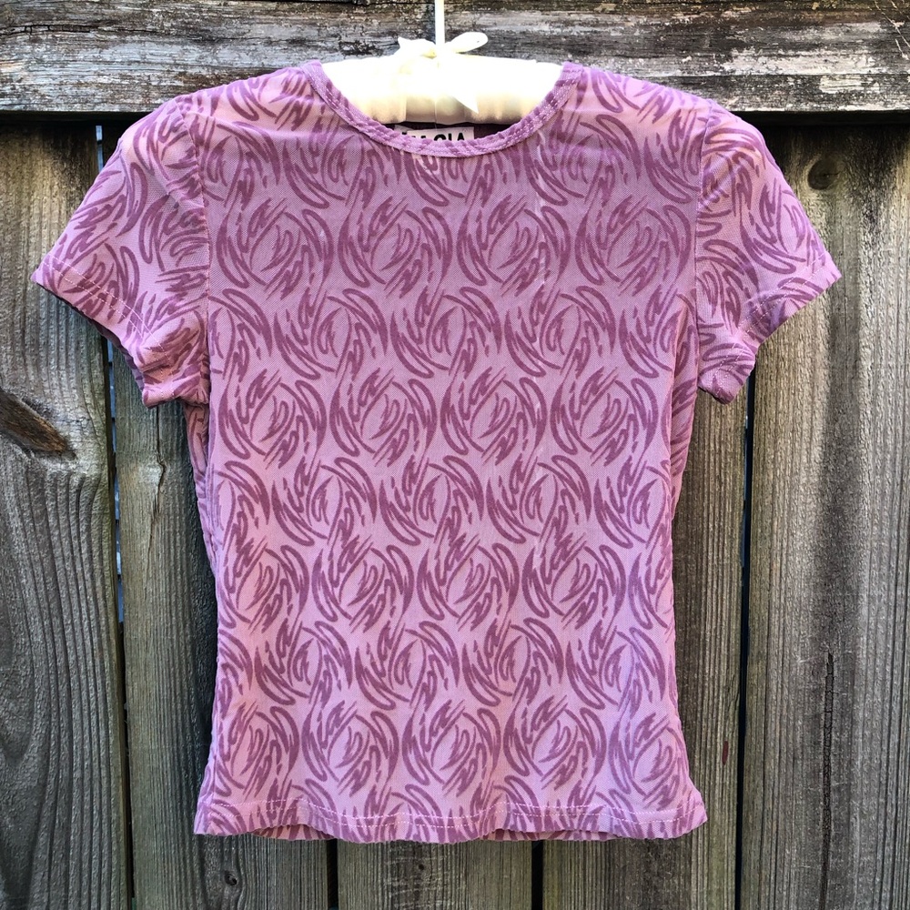 I AM GIA Laurella Mesh Top Velvet Logo Swirl Size S Pink Purple Sheer Babydoll